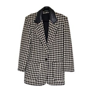 Vtg Jofeld Tweed Houndstooth Leather Collar Classic Thick Blazer Jacket S